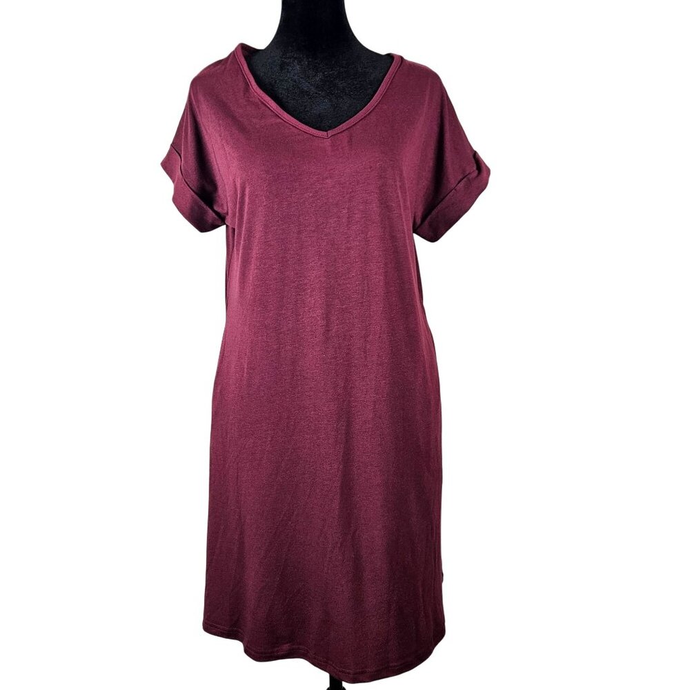 BTFBM Womens V-Neck Burgundy Casual T-Shirt Dress Size Small Pockets Comfortable